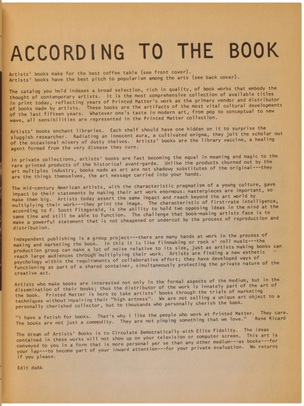 Printed Matter Inc.: Books by Artists / 1981 Catalog.