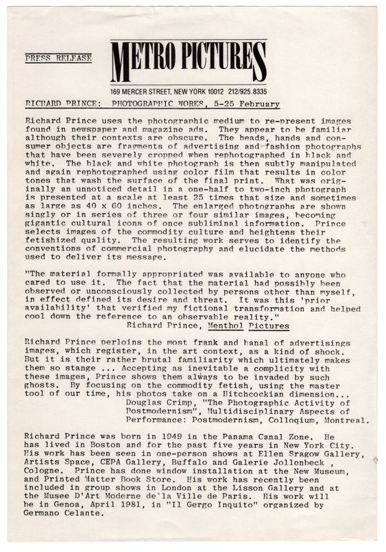 Item #27492 Press Release for "Richard Prince: Photographic Works" at Metro Pictures. Richard Prince