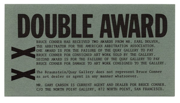 Item #29479 Double Award (Artist's Ephemera). Bruce Conner, Kristine Stiles, Performer