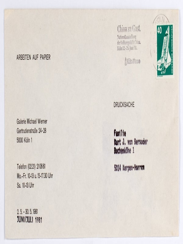 Arbeiten auf Papier / Arbeiten von Baselitz, Broodthaers, Byars, Immendorff, Kirkeby, Lüpertz, Penck (Two Announcement Flyers).