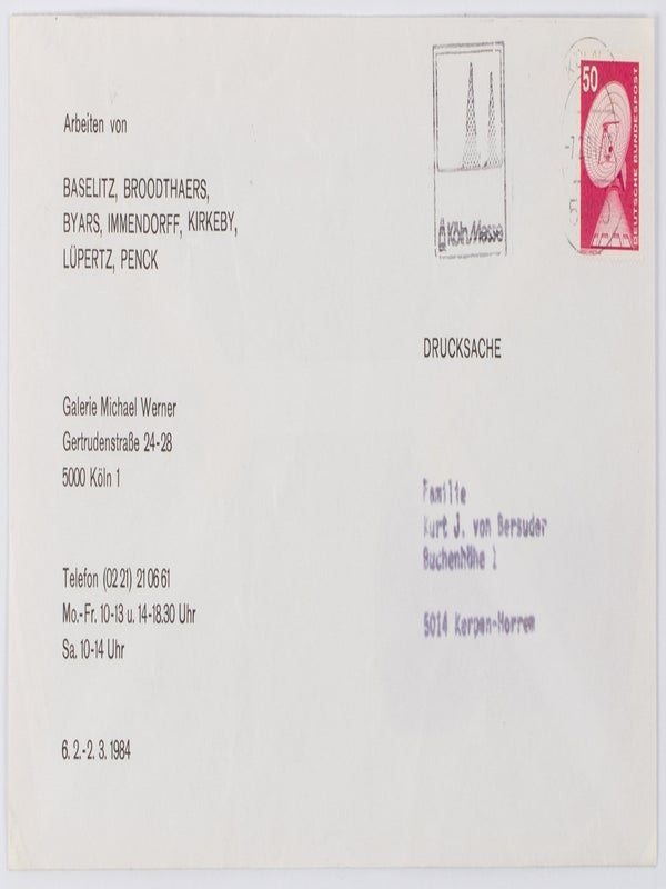 Arbeiten auf Papier / Arbeiten von Baselitz, Broodthaers, Byars, Immendorff, Kirkeby, Lüpertz, Penck (Two Announcement Flyers).
