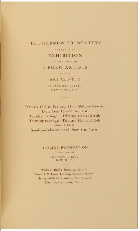 The Harmon Foundation Presents an Exhibition of the Work of Negro Artists at The Art Center.