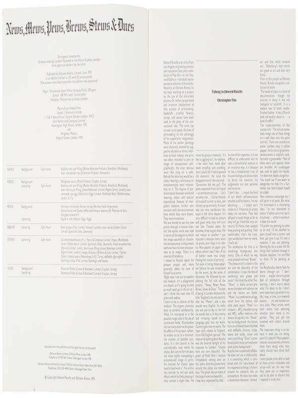 News, Mews, Pews, Brews, Stews & Dues. Six Organic Screenprints by Edward Ruscha (Prospectus).