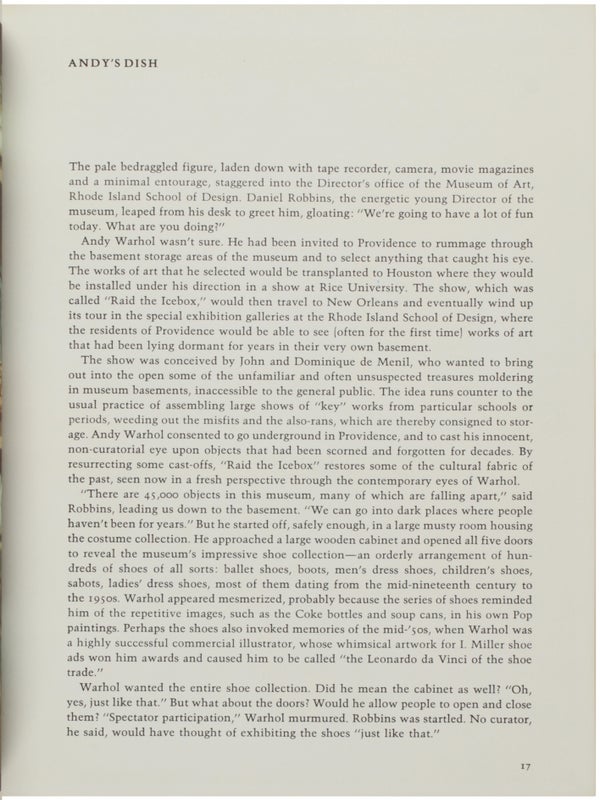 Raid the Icebox 1 with Andy Warhol: An Exhibition Selected from the Storage Vaults... (Inscribed).