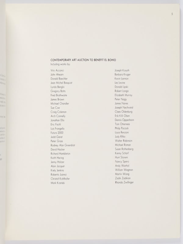 Contemporary Art Auction to Benefit El Bohio (Auction Catalogue).