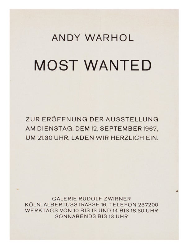 Item #31902 Andy Warhol: Most Wanted (Announcement). Andy Warhol