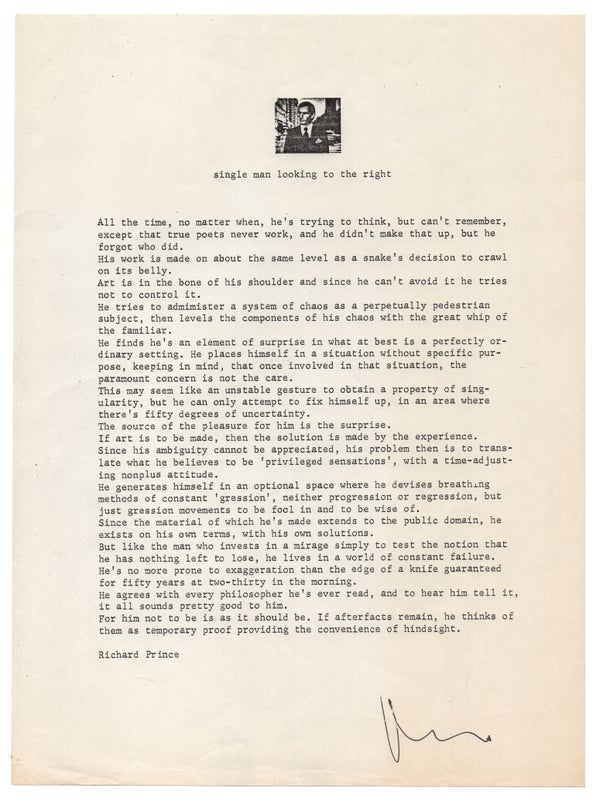 Item #32179 Single Man Looking to the Right (Signed Artist's Statement with Announcement Card)....