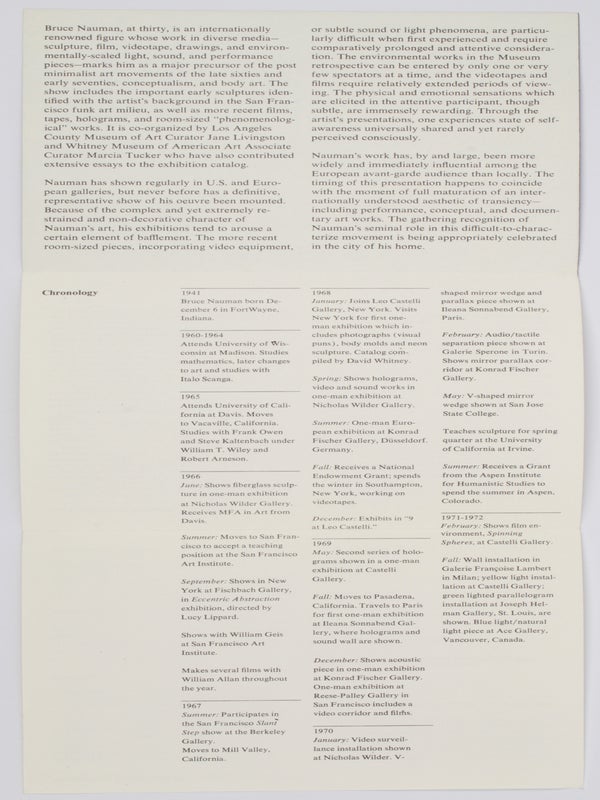 Bruce Nauman: Work from 1965 to 1972 (with Exhibition Brochure).
