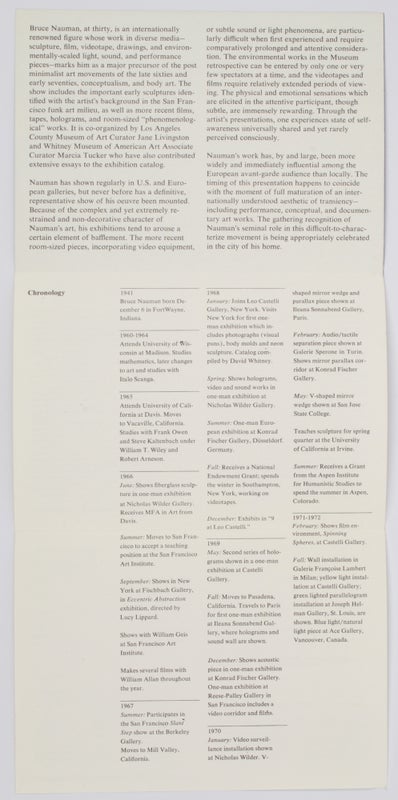 Bruce Nauman: Work from 1965 to 1972 (with Exhibition Brochure).