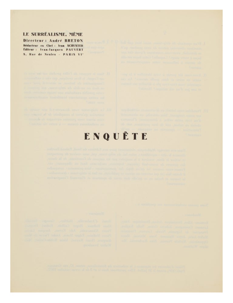 Item #32435 Enqu&ecirc;te (On Striptease). Surrealism, Andr&eacute; Breton, Jean-Jacques Pauvert.